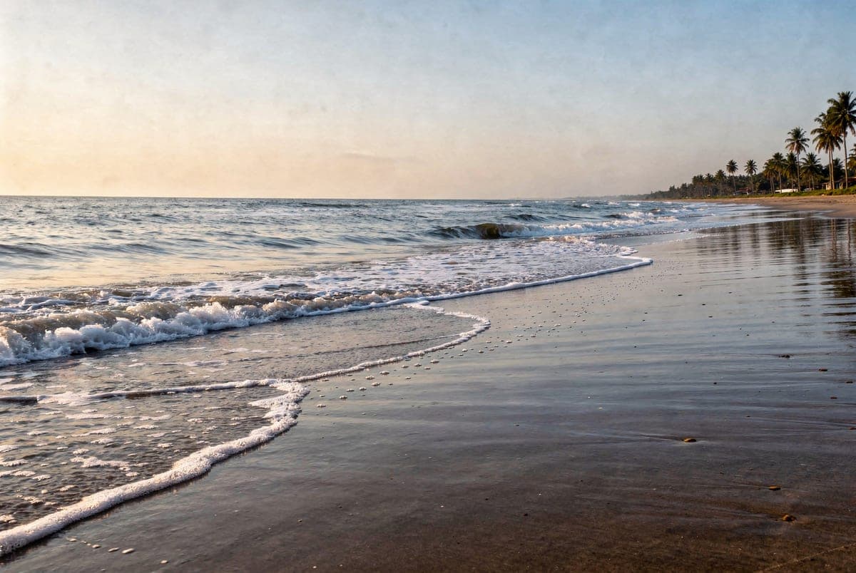 Gentle surf running up an empty stretch of wet sand at Kothapatnam in the late afternoon, coconut palms far along the shore.